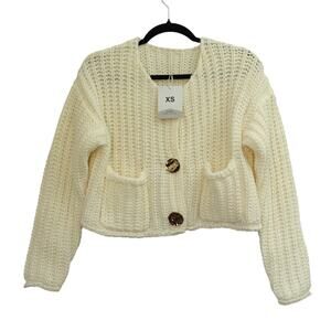NWT Fashion Womens Open Knit Cropped Cardigan Button Pocket Front Cream Size XS